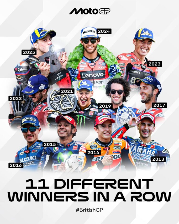 MotoGP: ¡Y van 11! Bezzecchi es el 11º piloto diferente que gana en Silverstone en 11 años